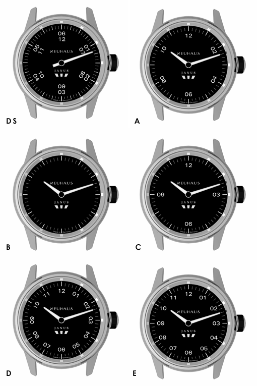 Zweizeigeruhr von NEUHAUS Timepieces, Modell JANUS minimal, abstimmung zifferblatt.gif