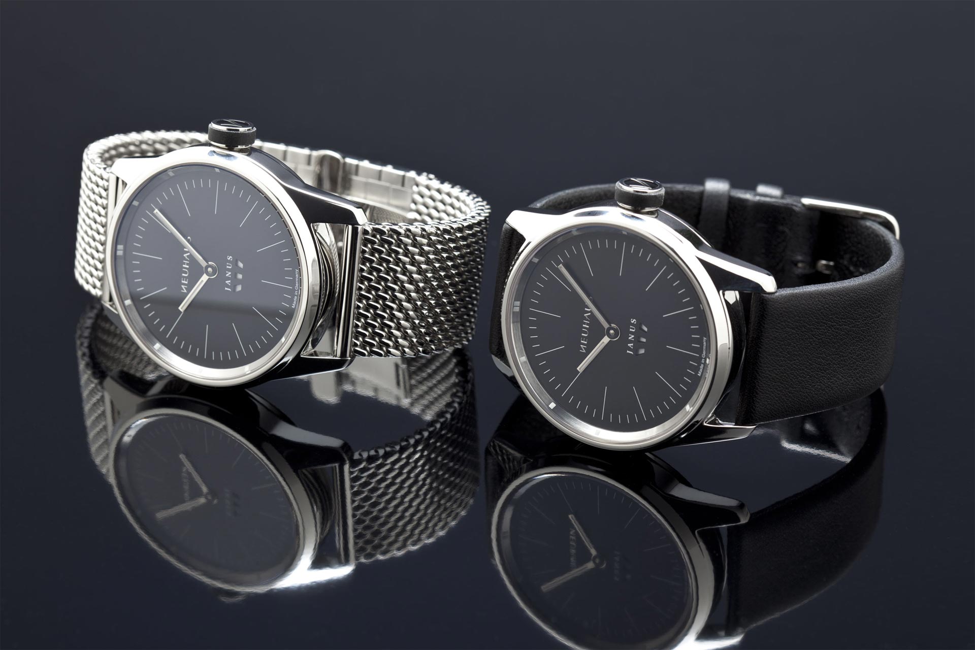 Zweizeigeruhr von NEUHAUS Timepieces, Modell JANUS minimal, mobil beide