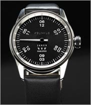 One-Hand watch by NEUHAUS Timepieces, model JANUS DoubleSpeed, dial black, ring with luminous colour silver, calf leather bracelet black