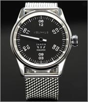 Einzeigeruhr von NEUHAUS Timepieces, Modell JANUS DoubleSpeed, Zifferblatt schwarz, Milanaiseband edelstahl