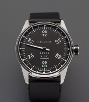 Einzeigeruhr von NEUHAUS Timepieces, Modell JANUS DoubleSpeed, Zifferblatt schwarz, Leuchtfarbenring schwarz, Rindlederarmband schwarz